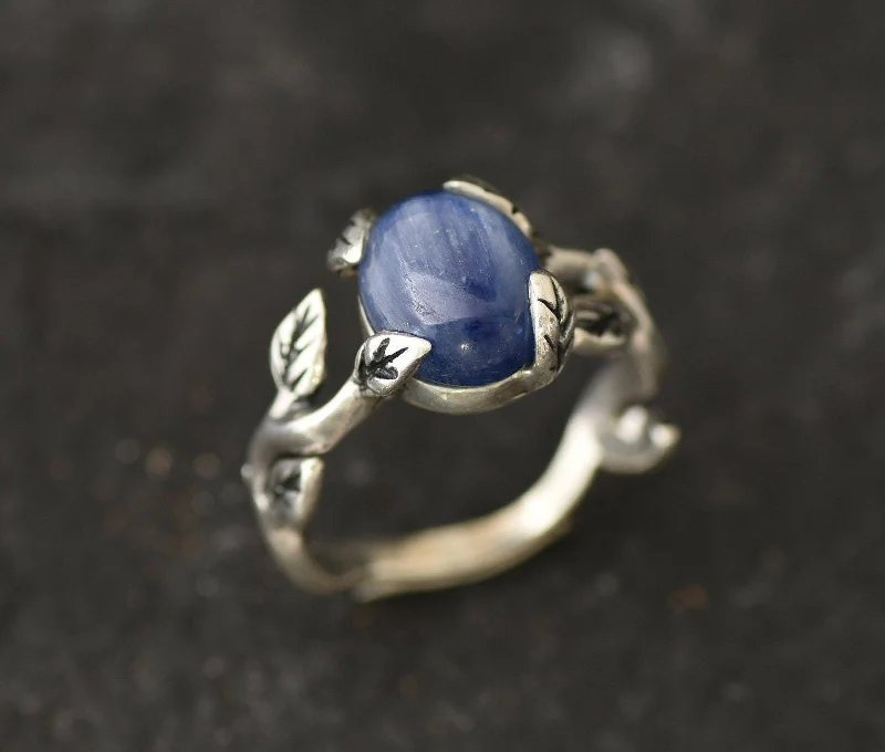 Stackable gold rings for women -REAL Kyanite Ring - Blue Solitaire Ring - Leaf Branch Band