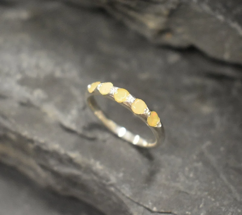 Engraved rings for women -Natural Opal Ring - Yellow Eternity Band - Dainty Vintage Ring