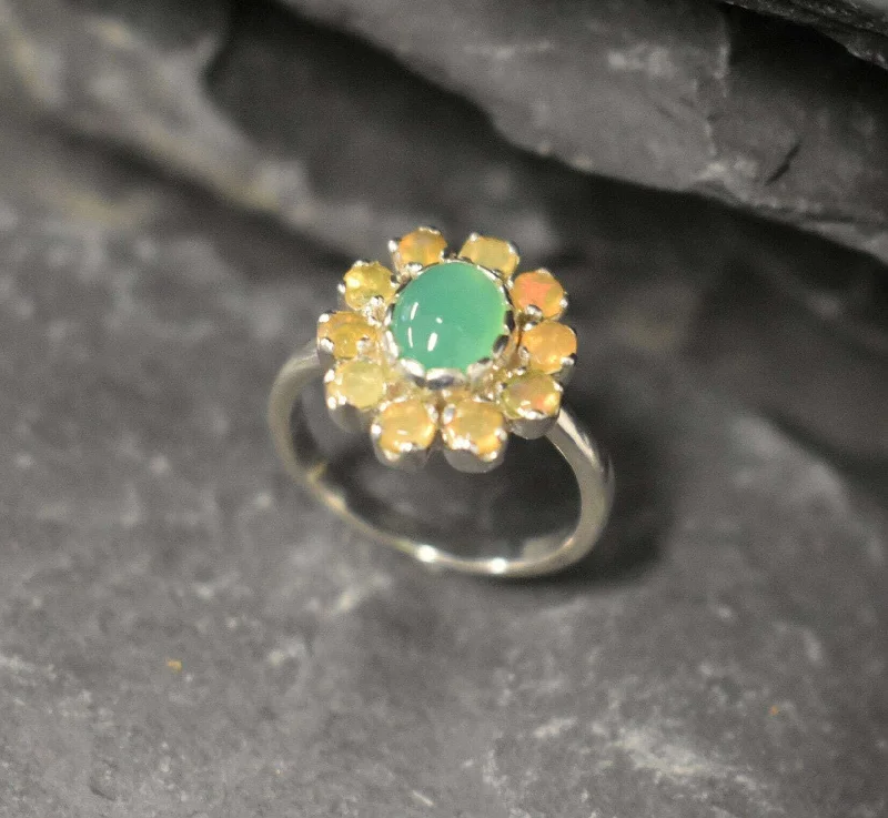 Dainty rings for women -Genuine Chrysoprase Ring - Fire Opal Halo Ring - Green Flower Ring