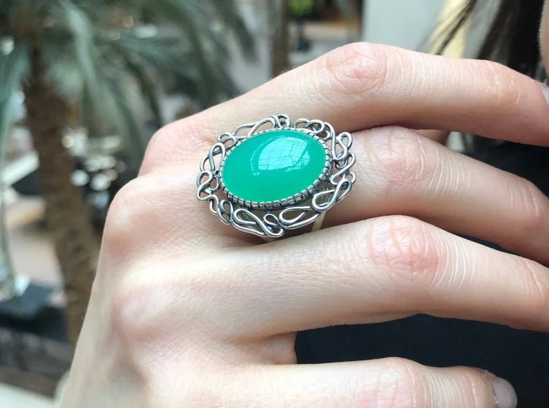 Silver rings for women -Large Chrysoprase Ring, Natural Chrysoprase, Statement Ring, Vintage Inspired