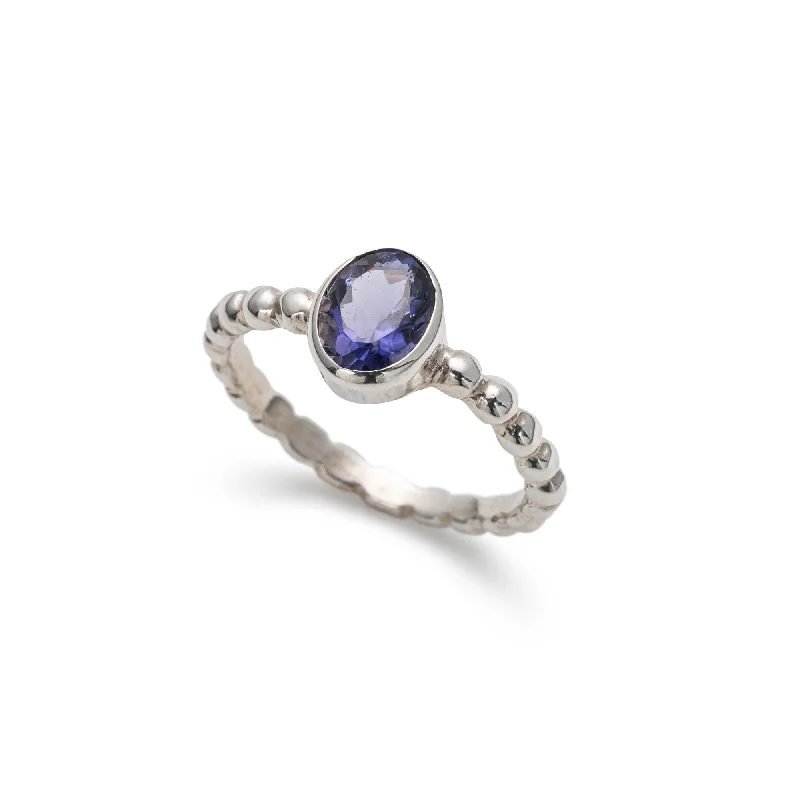 Silver eternity rings for women -Iolite Ring - Purple Bezel Ring - Silver Bubble Band