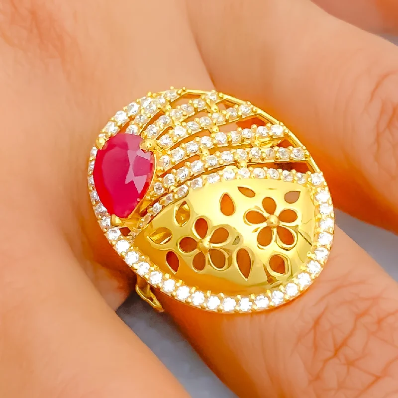 Designer rings for women -Oval Decorative 22k Gold CZ Statement Ring