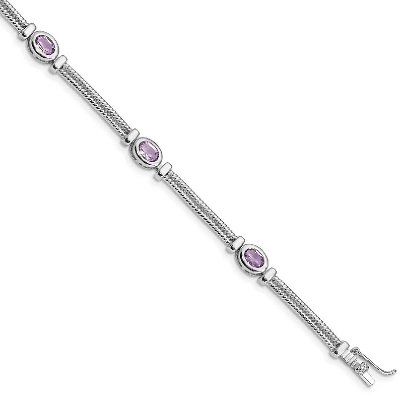 Elegant gemstone bracelets for women -Curata 925 Sterling Silver Textured Polished Box Catch Closure Amethyst Bracelet 7 Inch Box Clasp