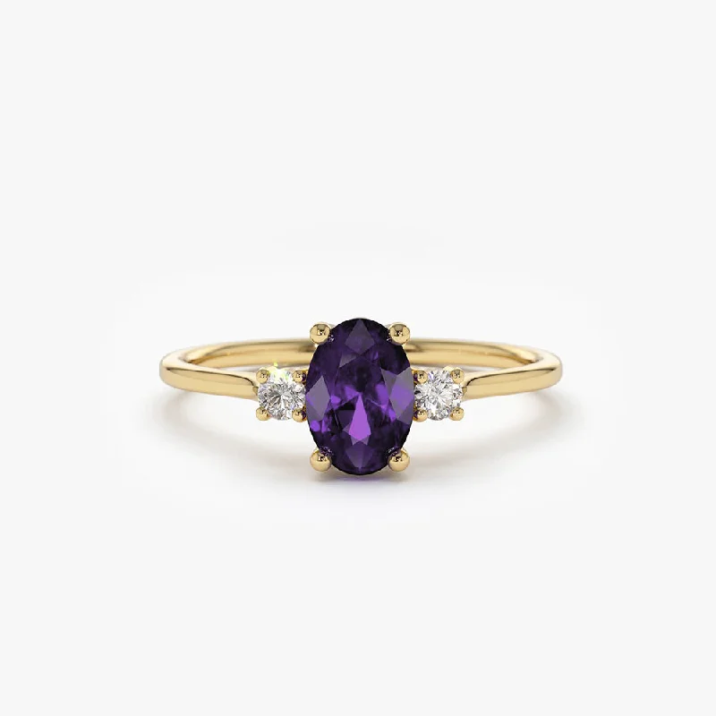 Yellow gold engagement rings for women -14K Gold Oval Shape Amethyst and Diamond 3 Stone Ring