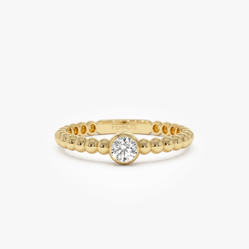 Unique vintage engagement rings for women -14K Gold Beaded Solitaire Diamond Bezel Ring