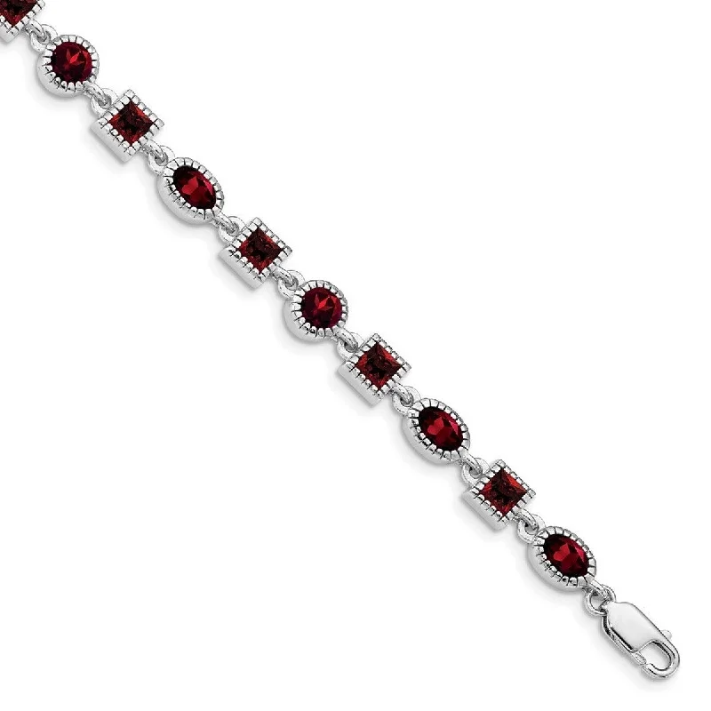 Adjustable bangles for women -Curata 925 Sterling Silver Textured Polished Garnet Bracelet 7 Inch Lobster Claw