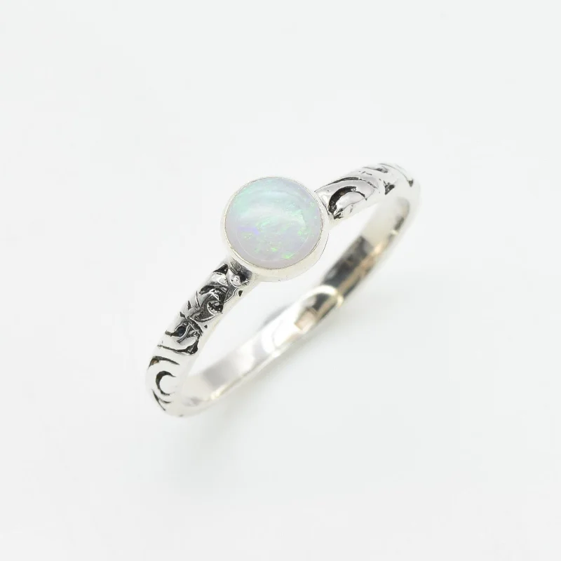 Adjustable diamond rings for women -Australian Opal Ring - Round White Ring - Engraved Tribal Ring