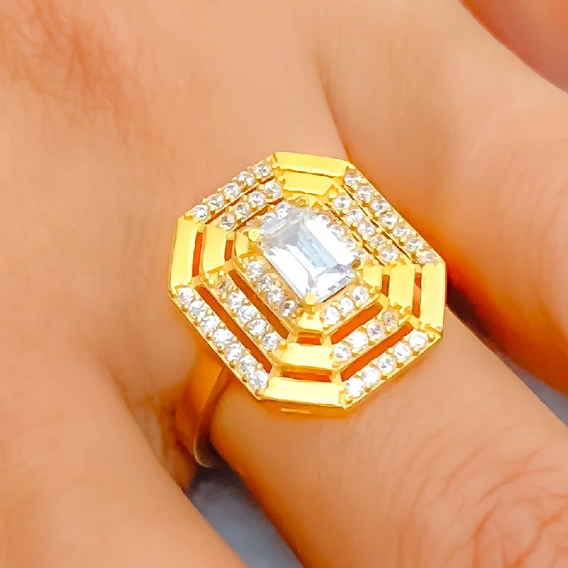 Trendy rings for women -Dressy Decorative 22k Gold CZ Ring w/ Solitaire Stone