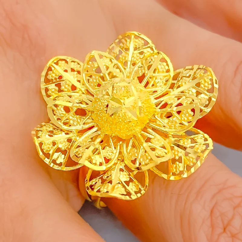 Oval rings for women -Dazzling Curved 22k Gold Flower Ring