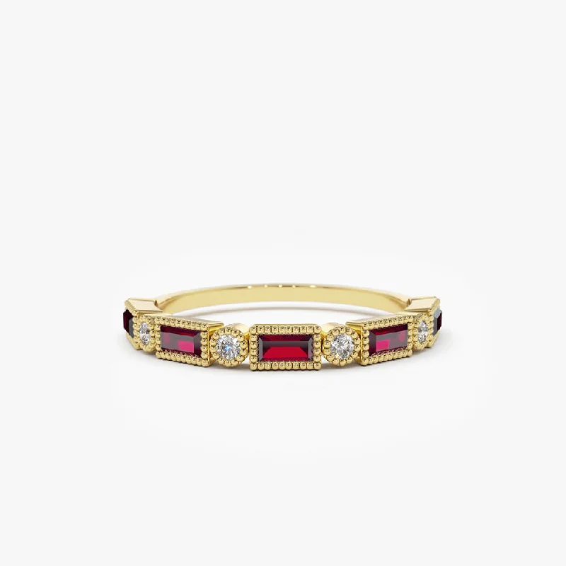 Designer engagement rings for women -14k Baguette Ruby and Diamond Ring