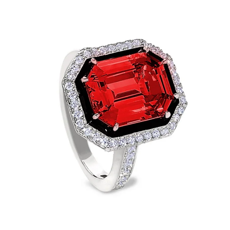 Designer custom engagement rings for women -Platinum finish sterling silver micropave black enamel & simulated ruby octagon ring with simulated diamonds - size 5