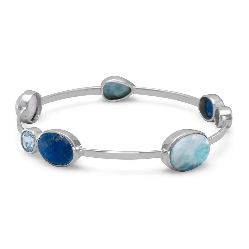 Custom gemstone bracelets for women -Curata 925 Sterling Silver 1.5mm Stackable Bangle Bracelet Larimar Blue Topaz Dyed Aquamarine Rainbow Celestial Moonstone