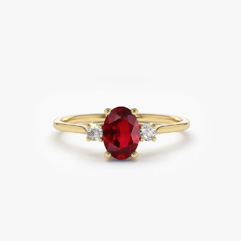 Solitaire engagement rings for women -14k Oval Shape Ruby and Diamond 3 Stone Ring