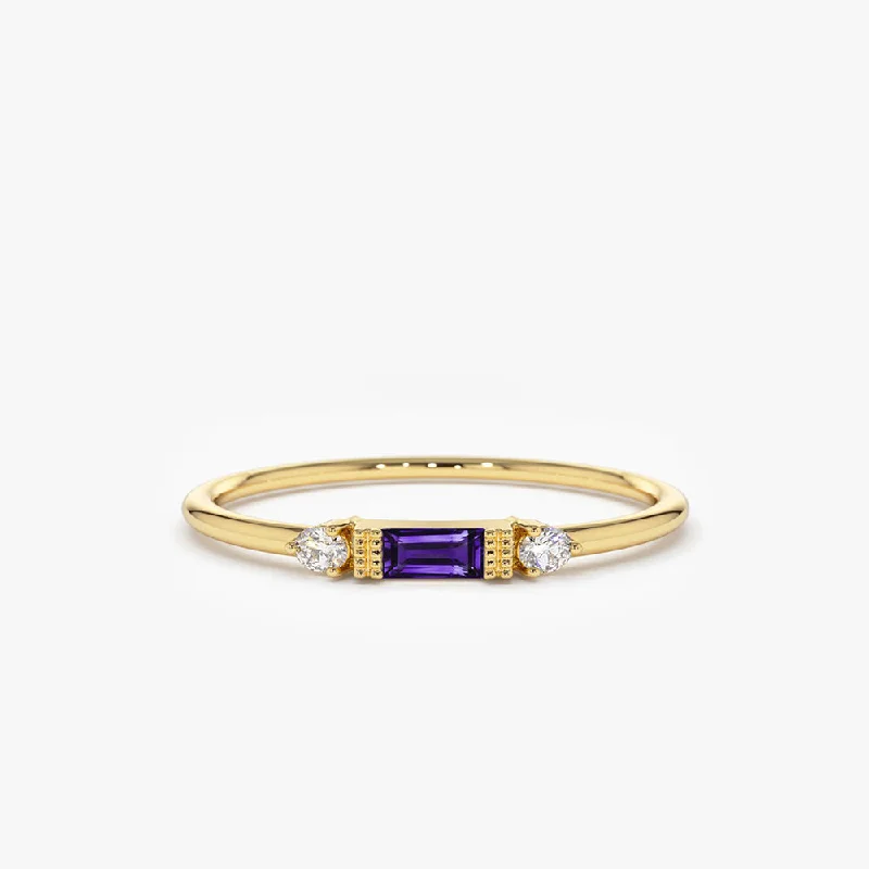 Engagement rings with sapphires for women -14K Gold Baguette Amethyst With Diamond Ring