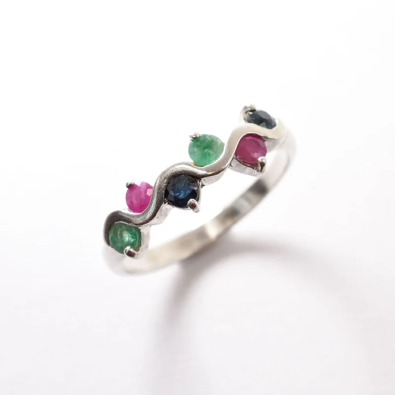 Unique wedding bands for women -Colorful Multistone Band - Emerald Ruby Sapphire Ring, Half Eternity Ring