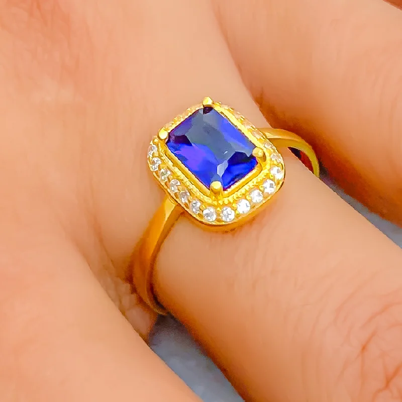 Gemstone rings for women -Royal Blue 22k Gold CZ Ring w/ Solitaire Stone