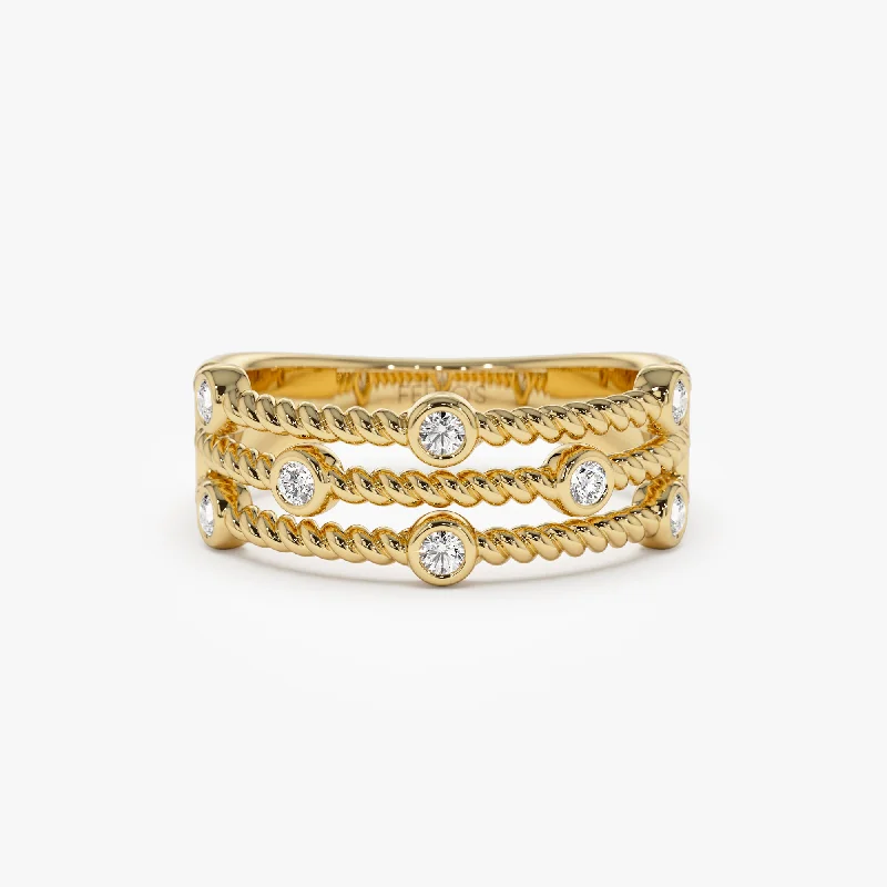 High-end engagement rings for women -14K Gold Twisted Rope Triple Diamond Ring