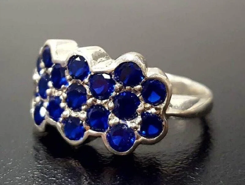 Fashionable statement rings for women -Flower Sapphire Ring - Blue Honeycomb Ring - Vintage Half Eternity Band