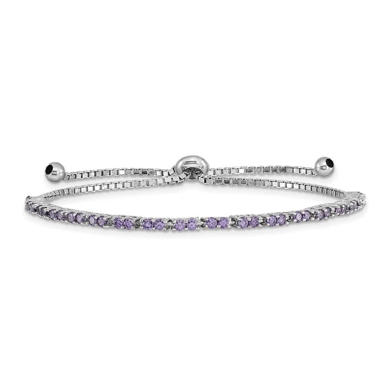 Elegant bracelets for women -Curata 925 Sterling Silver Rhodium Plated February Purple CZ Cubic Zirconia Simulated Diamond Adj Bracelet