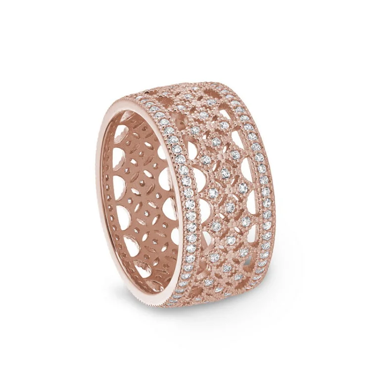 Heart-shaped engagement rings for women -Rose Gold Finish Sterling Silver Micropave Fancy Ring with Simulated Diamonds