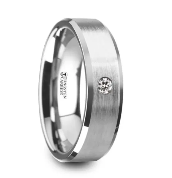 Modern engagement rings for women -PORTER Brushed Finish Tungsten Ring with White Diamond Setting and Beveled Edges