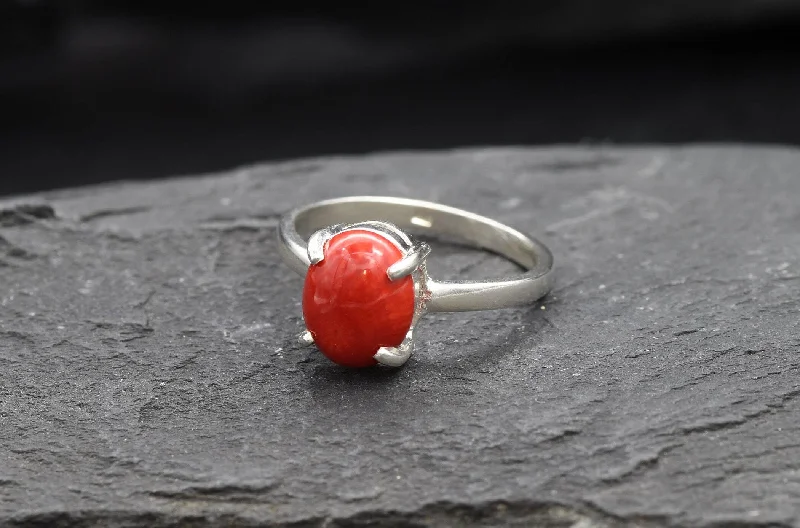 Vintage rings for women -Bamboo Coral Ring - Natural Coral Ring - Red Solitaire Ring