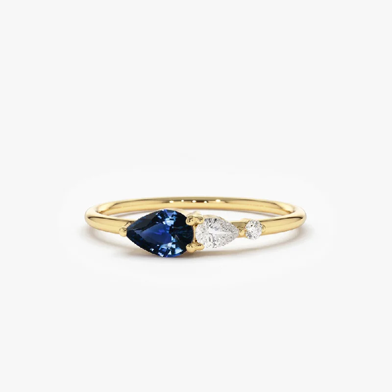 Unique gemstone engagement rings for women -14k Gold Pear Shape Natural Sapphire with Pear Shape Diamond Ring