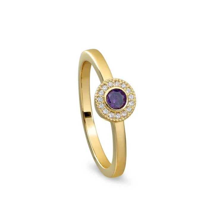 Vintage engagement rings for women -Gold Finish Sterling Silver Micropave Round Simulated Amethyst Ring with Simulated Diamonds Size 4